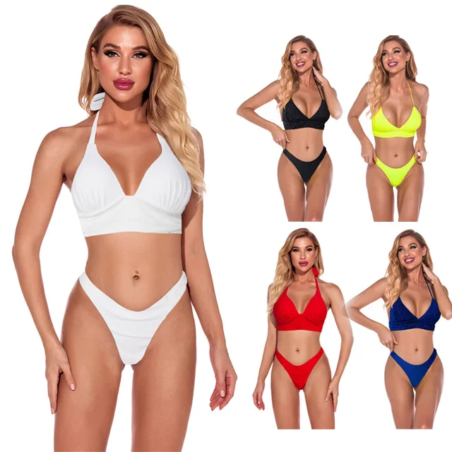 

2021 European and American style bikini split white bikini multi-color fabric customizable swimsuit beach swimsuit, White fluorescent green red black blue