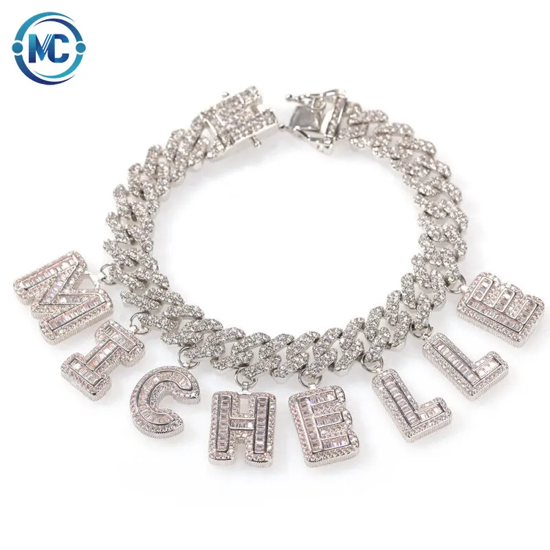 

2021 Drop shipping Hip Hop iced out Name Alphabet zircon Letter charm cuban link bracelet