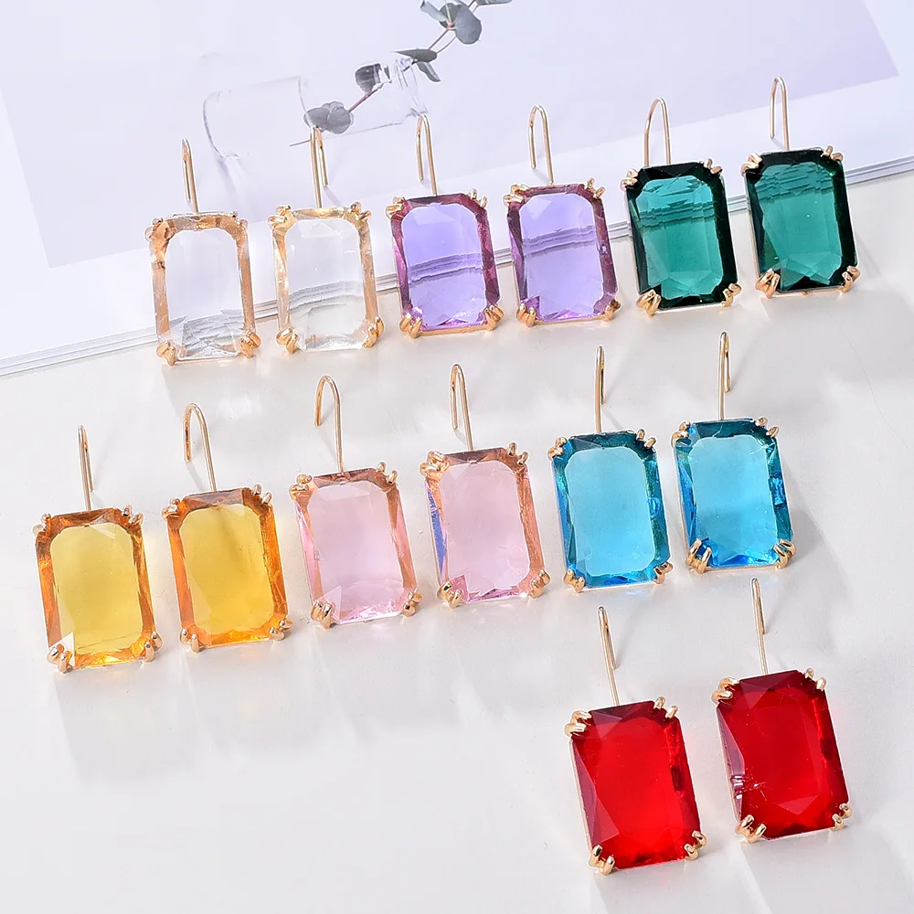 

European and American Exaggerated Jewelry Fashion Simple Color Rhinestone Earrings Square Diamond Popular Ear Hook Earrings