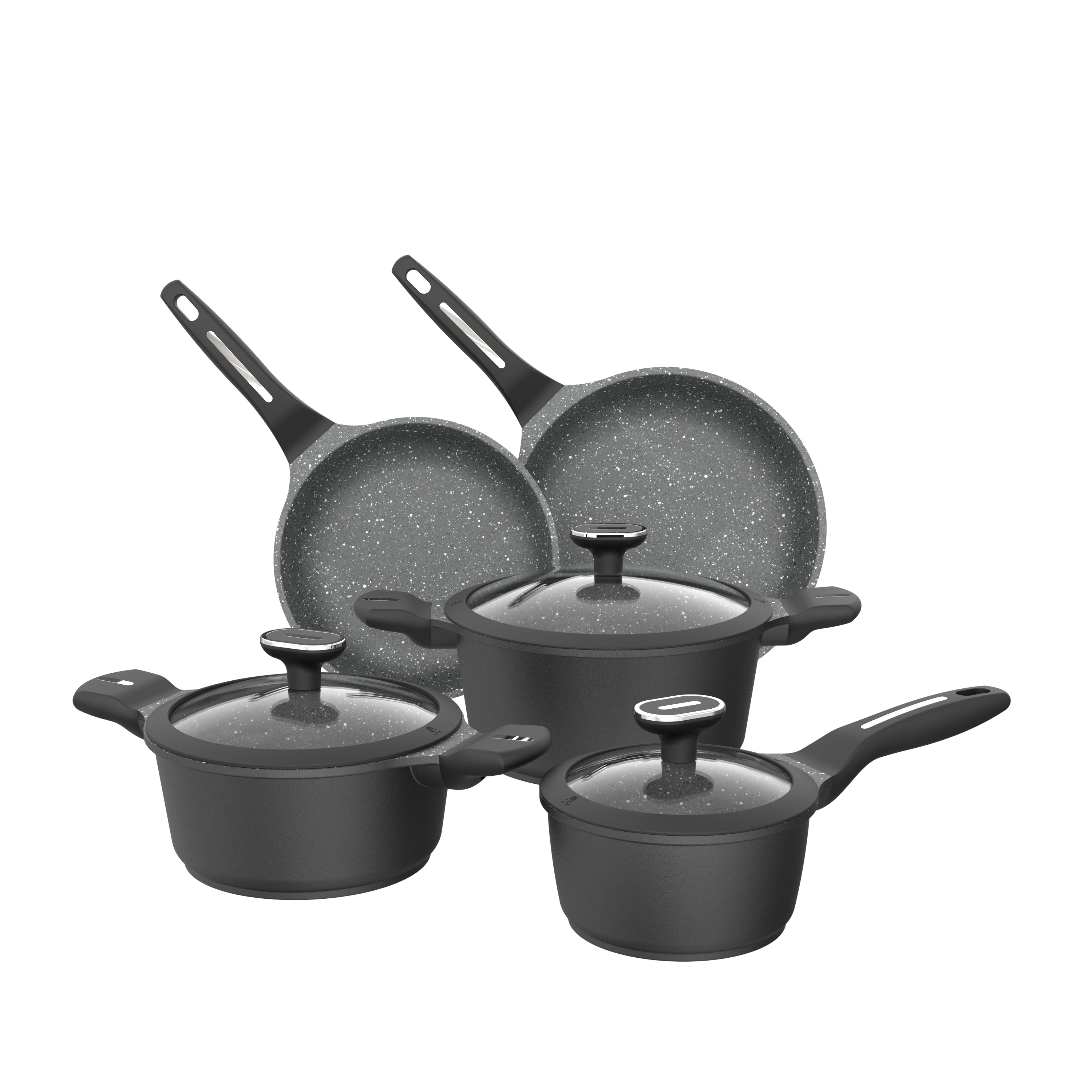 

BESCO OEM Escalation Cast aluminium nonstick cookware set black Glass lid with silicone rim bottom with engraved logo