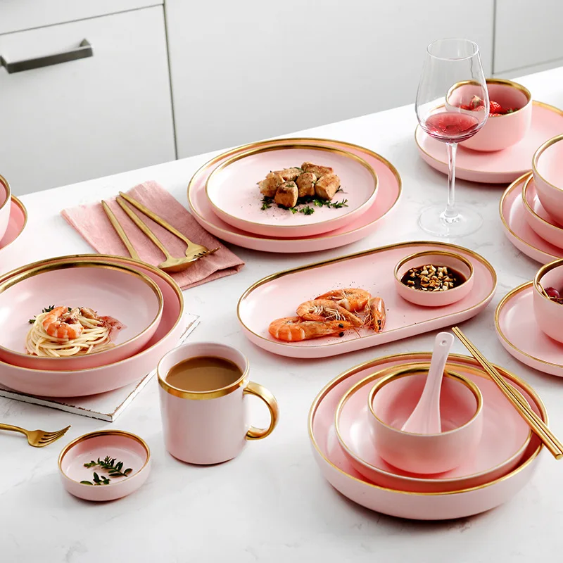 

Matte Pink Porcelain Tableware Dinner Plates Dishes Gold Inlay Ceramic Cake Food Plate Bowl Set Dish for Hotel Restaurant