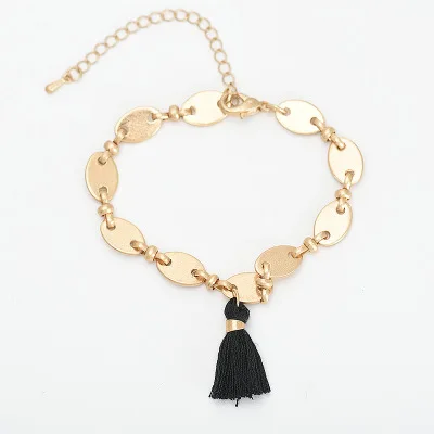 

Bohemia gold chain black tassel pendant bracelet fashion jewelry charm bracelets for women gift, Worn gold