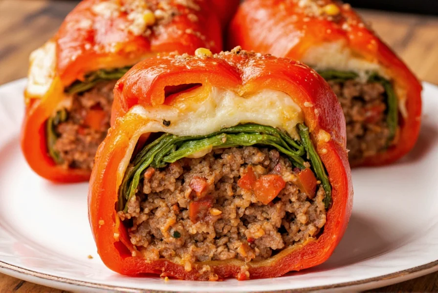 Close-up of cross-section of stuffed pepper showing vibrant layers of meat, vegetables, and cheese without any rice