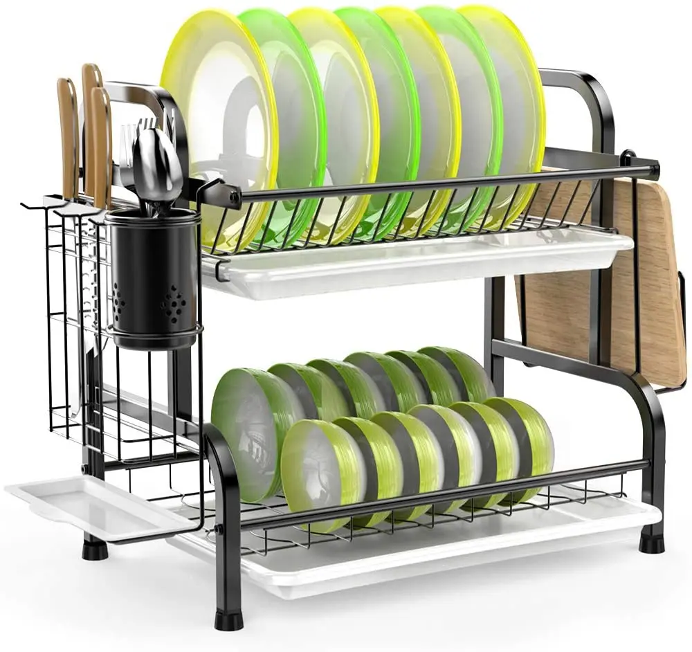 

2-tier Dish Drying Rack Drainer With Utensils Holder Stainless Steel Space Kitchen Metal Time, Black