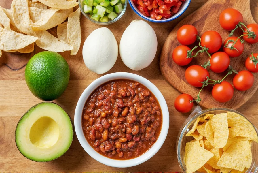 Gluten-free chili ingredients displayed on wooden table with corn chips and avocado