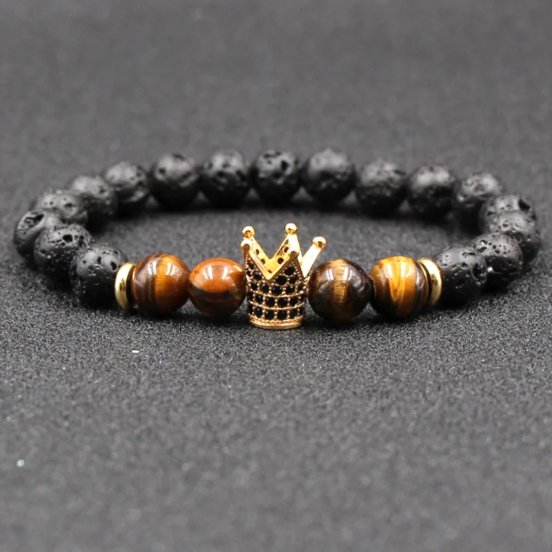 

Personalized DIY Handmade Jewelry Elastic 8mm Tiger Eye Stone Black Volcanic Lava Stone Pave Black Zircon Crown Charm Bracelet, As picture shows