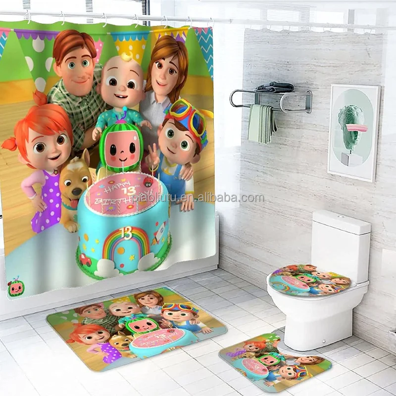 

3D Custom European Cocomelon Kids Bathroom Shower Curtains Sets Waterproof Shower Curtain with Bath Mats Set for Bathroom Modern, Custom colors
