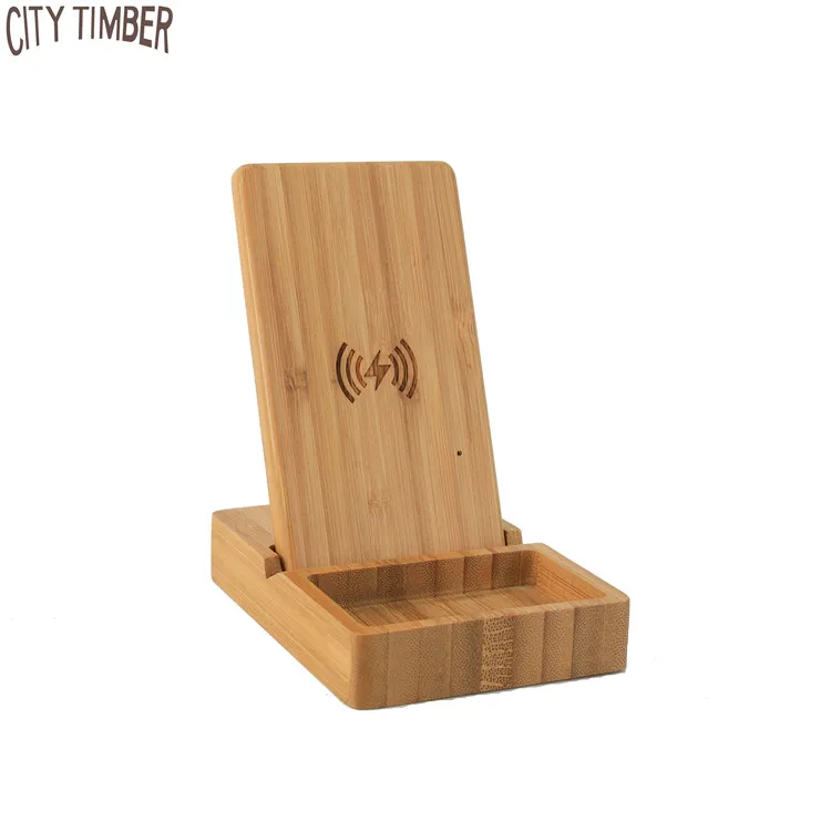 

creative multifunctional 3 in 1 bamboo wood 10W QI wireless charger with phone holder and storage organizer, Natural bamboo color