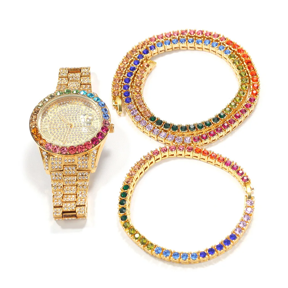 

Hip-hop alloy colored rhinestone watch three-piece bracelet necklace versatile hipster watch