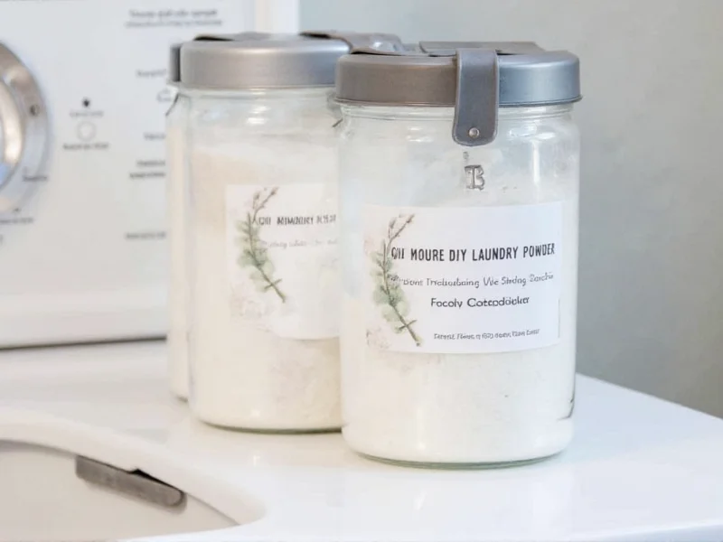 DIY laundry powder in reusable container next to washing machine