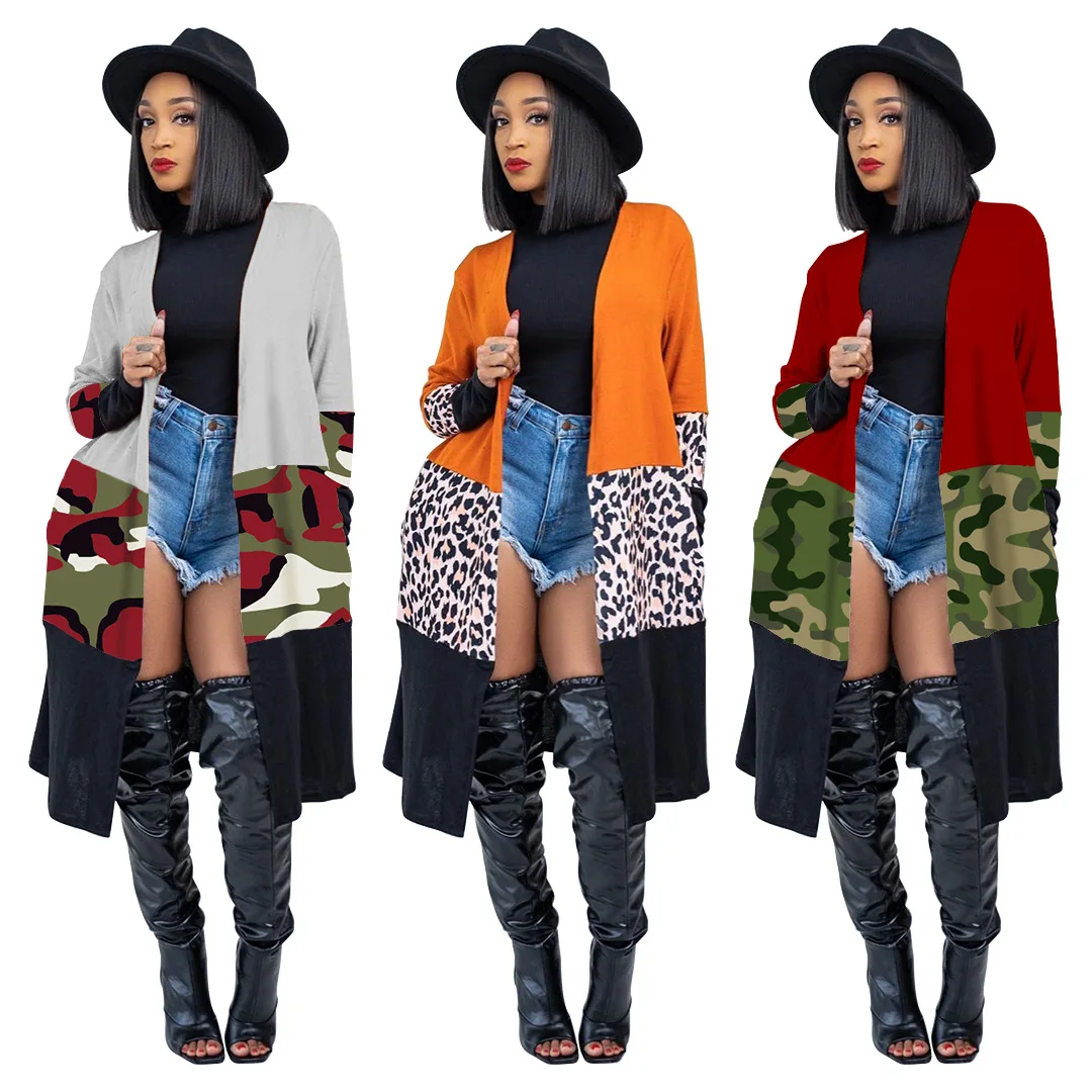 

MTY6381Spring new thin print leopard print camouflage knitted long-sleeved loose cardigan jacket women