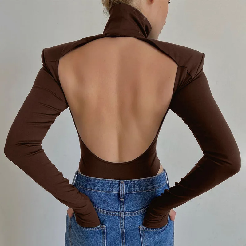 

Hot Seller Shoulder Padded Club Wear Backless Long Sleeve Full Sexy Turtleneck Bodysuit Women, 3colors in stock