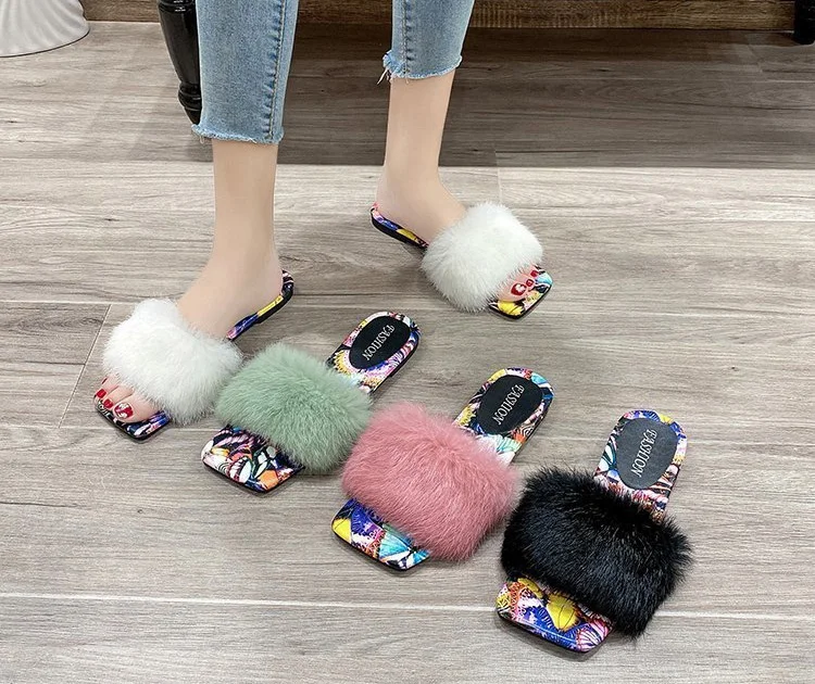 

Hot Fuzzy Slippers Outdoor 2020 Latest Design Plush Flat Sandals Korean Style Fashion Net Red One Character Open Toe Flip Flops, White, green, black, pink