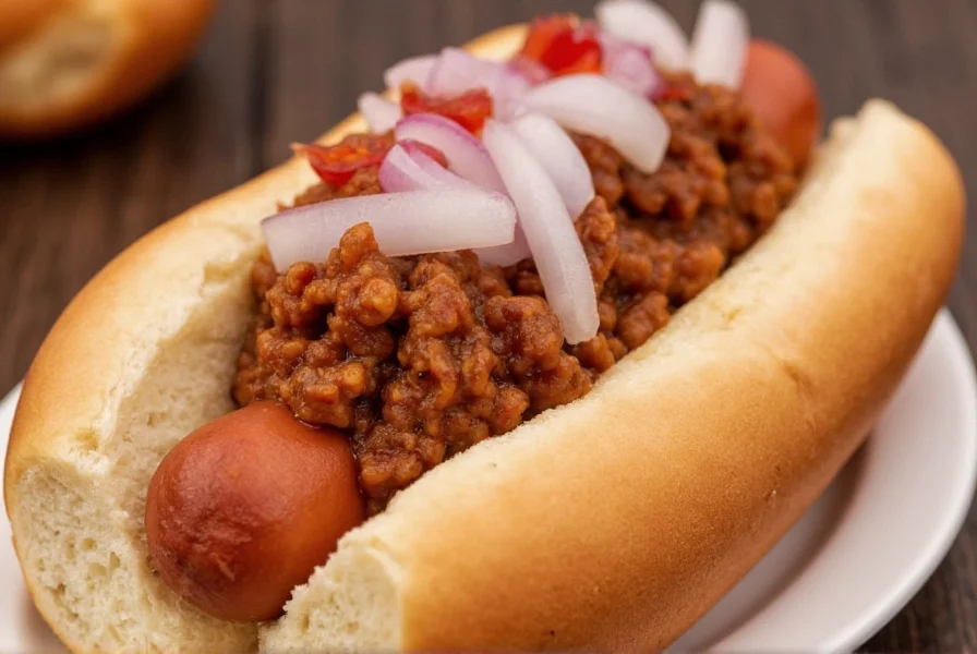 Close-up of Larry's chili dog showing steamed hot dog with meaty chili topping, diced onions, and sweet relish on a poppy seed bun