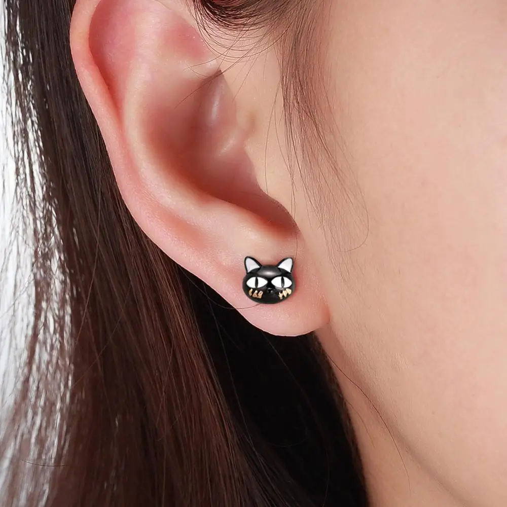 

RINNTIN SE89 Custom Jewelry 925 Sterling Silver Black Cat Cute Stud Earrings for Girls