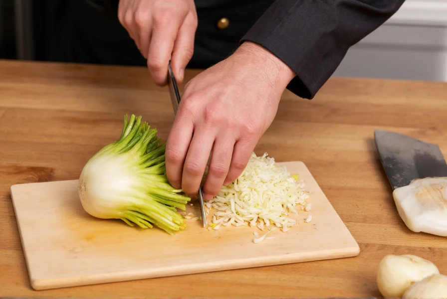 Chef's hands demonstrating proper fennel chopping technique with sharp knife on wooden cutting board
