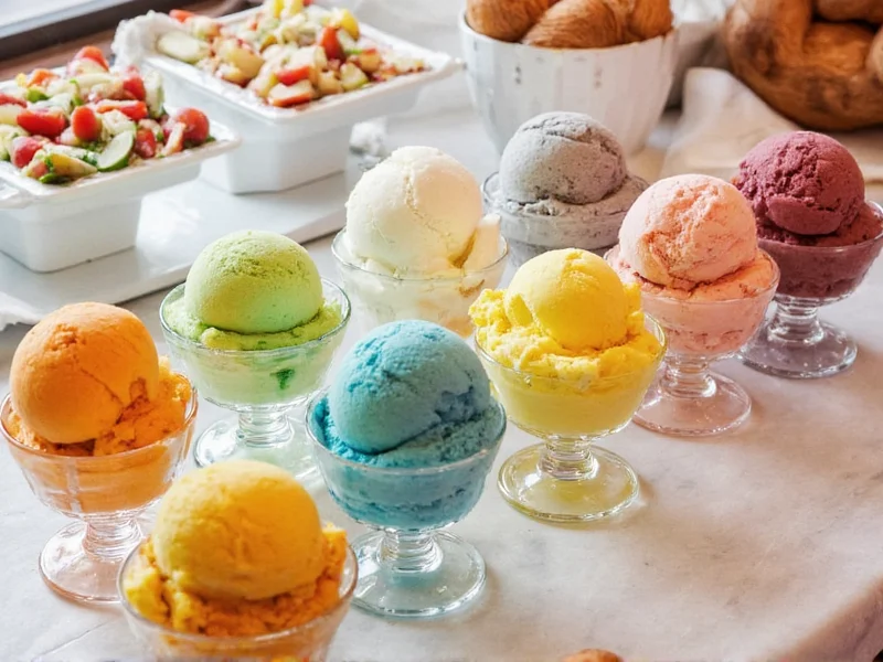 Colorful array of Smitty's ice cream flavors in vintage glass dishes