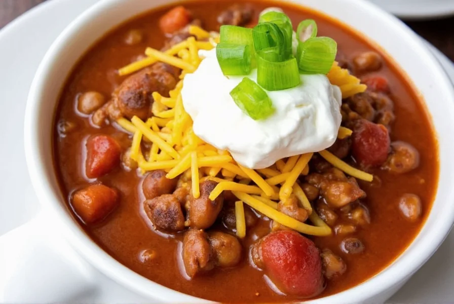 Finished bowl of chili served in white ceramic bowl with toppings including sour cream, shredded cheese, and green onions