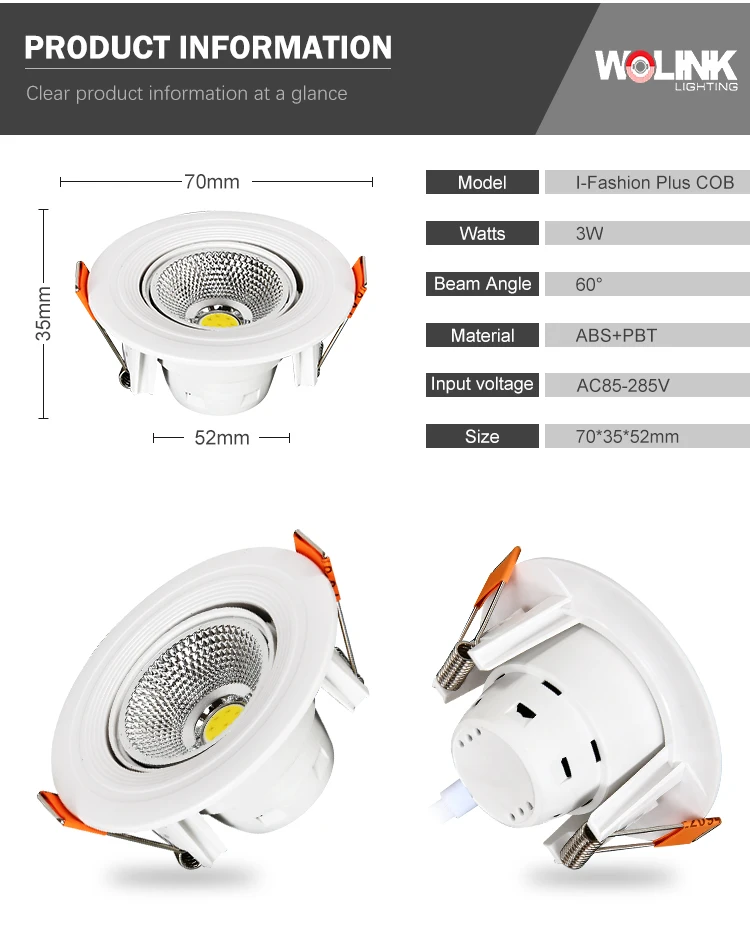 High quality indoor fixtures SMD2835 adjustable plastic housing hotel LED recessed downlight ceiling COB 3W led downlight