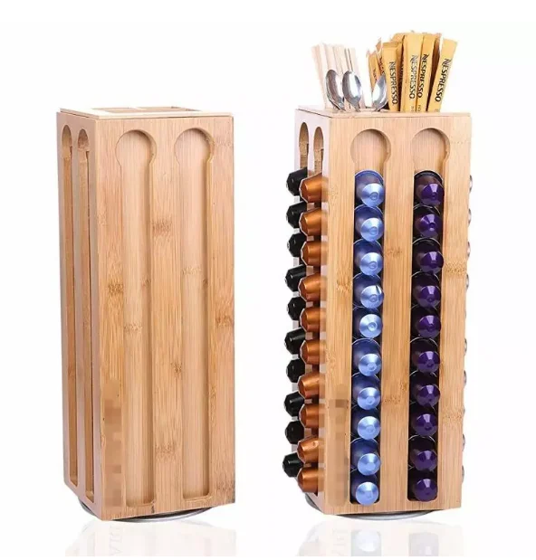 Bamboo Coffee Capsules Pod Holder Carousel Holds 80 Coffee Capsules