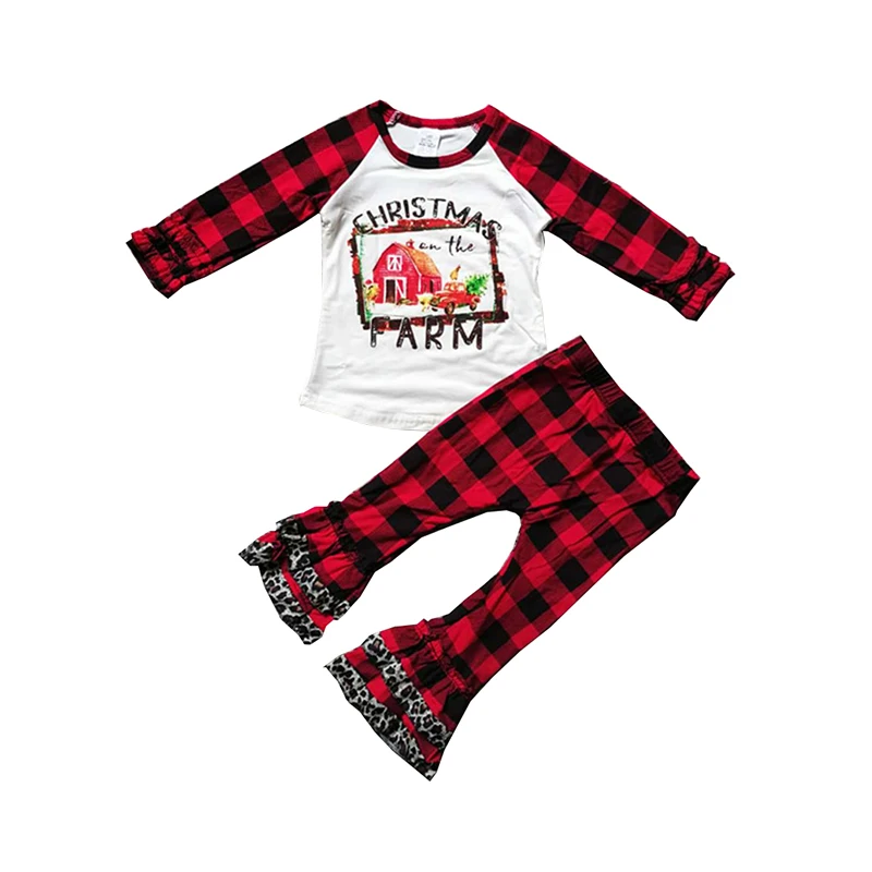 

Christmas print graphic plaid ruffle pants outfit baby girls boutique clothing set, As picture show