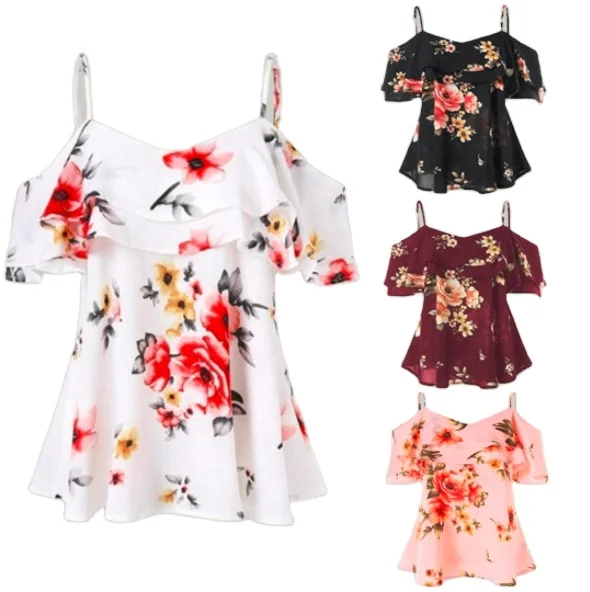 

Spaghetti Strap Floral Print Open Shoulder Blouse