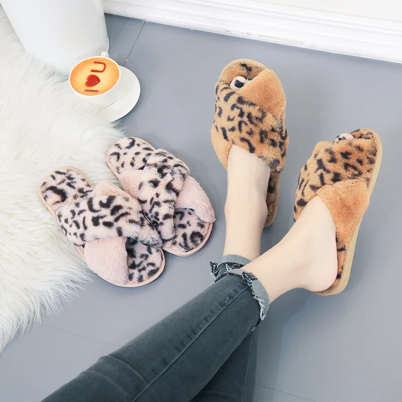 

New Arrival Ladies Winter Fur Slides Warm Leopard Print Designer Furry Fluffy Slippers For Women Famous Brands Fuzzy Slippers
