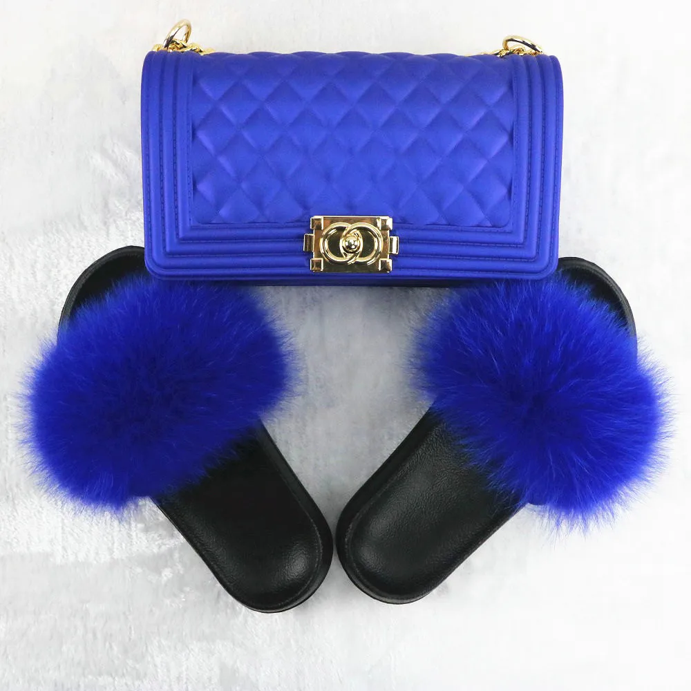 

USA wholesale fox fur slides with matching jelly bag handbag and purses sets for women