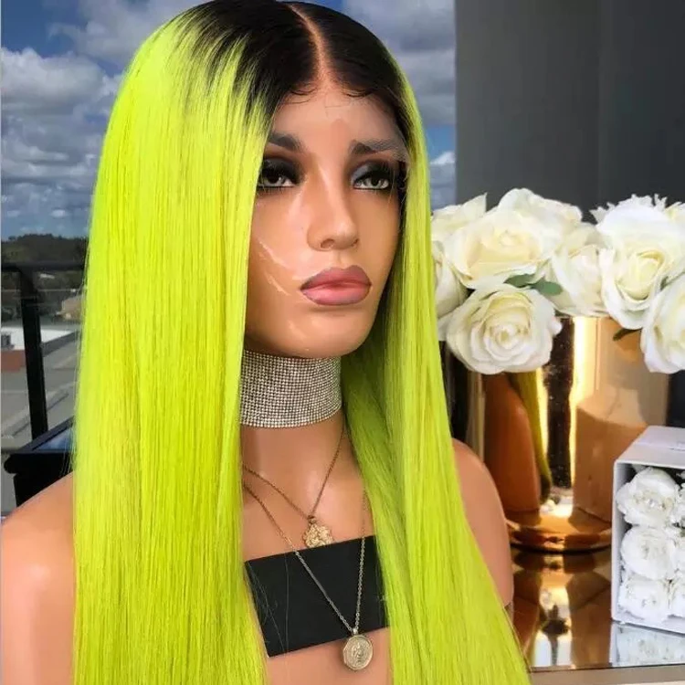 

Pre Plucked Natural Hairline Lace Front Mink Brazilian Hair Wig Light Green Color Ombre Wig with Black Root