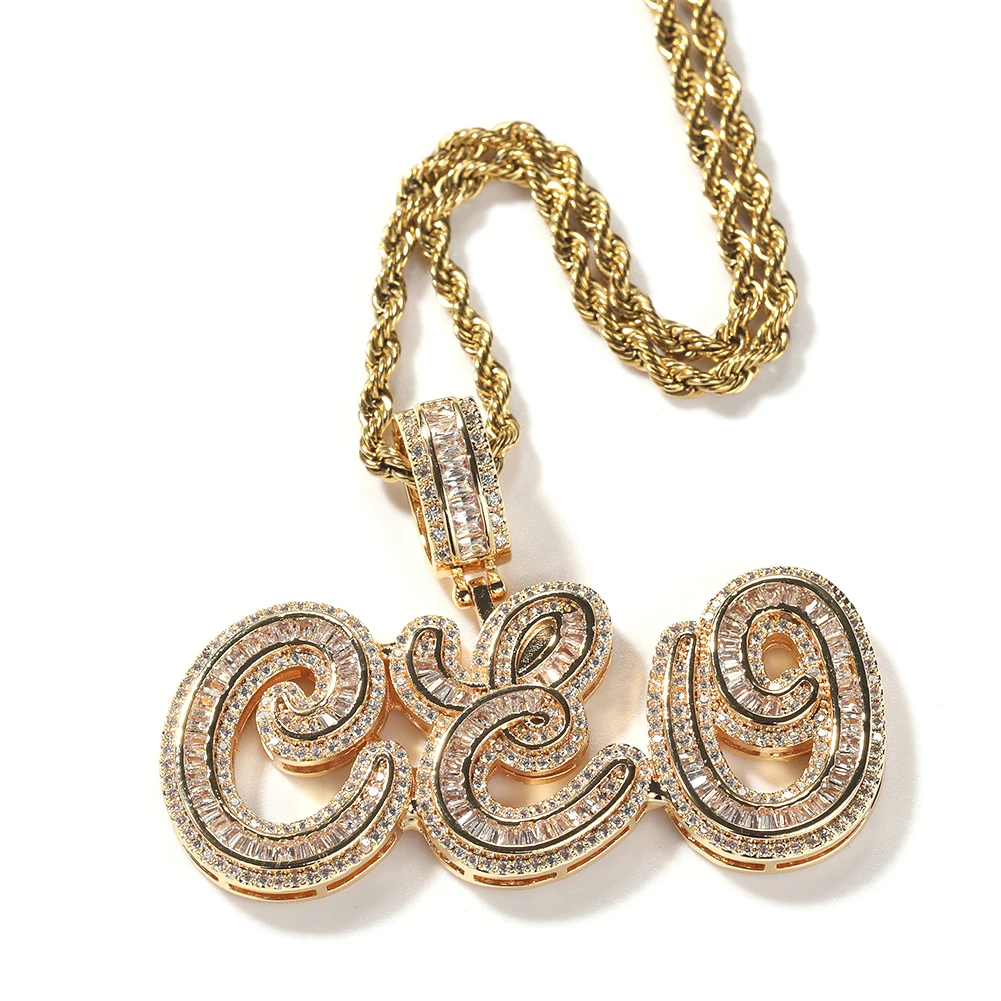 Fashion Iced Out Cz Baguette Zircon Initial Cursive Name Necklace Custom Hip Hop Jewelry with Icy Rope Chain Mainly Made Brass