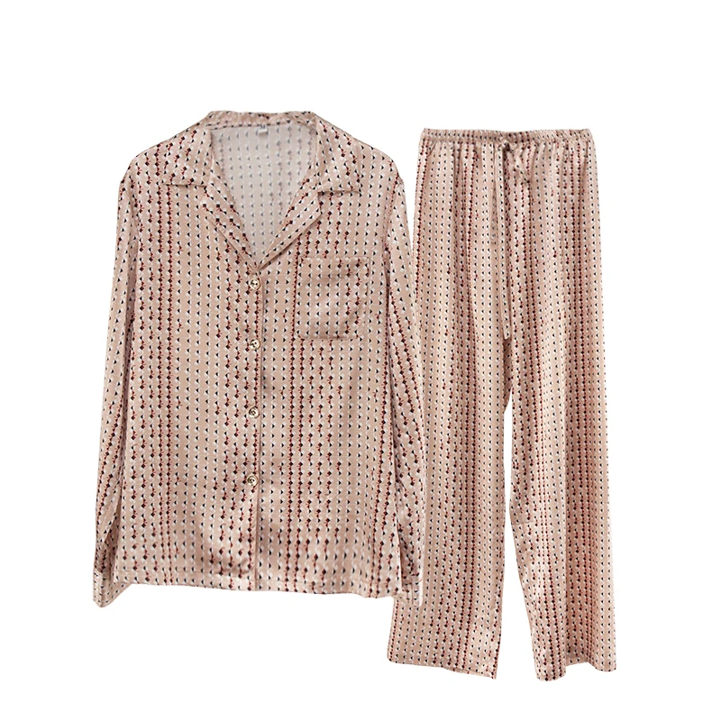 

Lapel Long Sleeve Trousers Home Cardigan Thin Suit 2 Piece Women Pajama Pants Sets For Lady, Picture shows