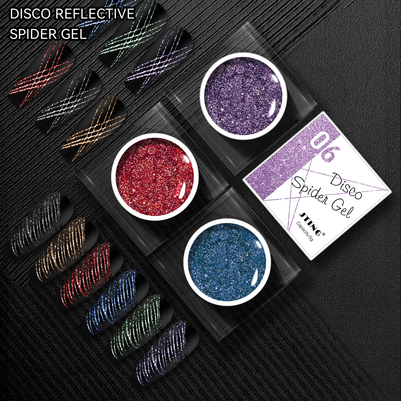 

JTING NEW Design high pigment shiny 6 Colors Disco reflective spider gel nail art 5g jar OEM custom private label
