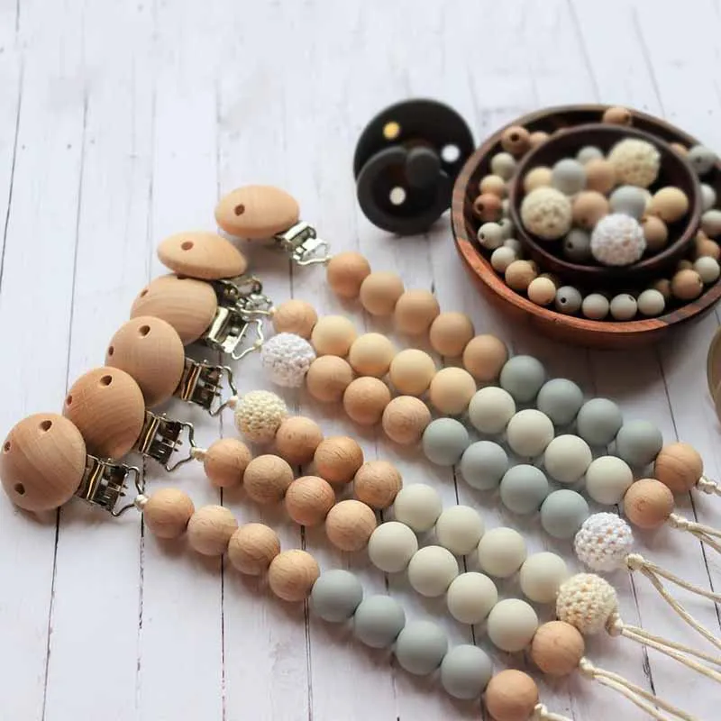 

New Design Baby Food Grade Bpa Free Silicone Beads Wooden Pacifier Clips