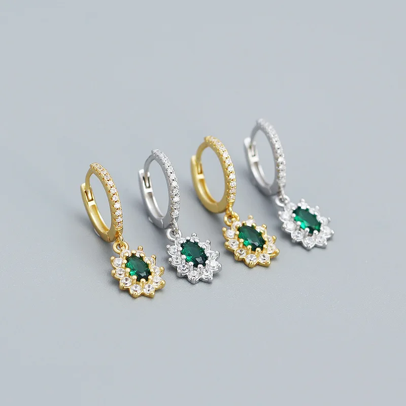 

factory dropshipping 925 silver hoop earrings women 18K gold plated sterling silver luxury emerald zircon earrings jewelry