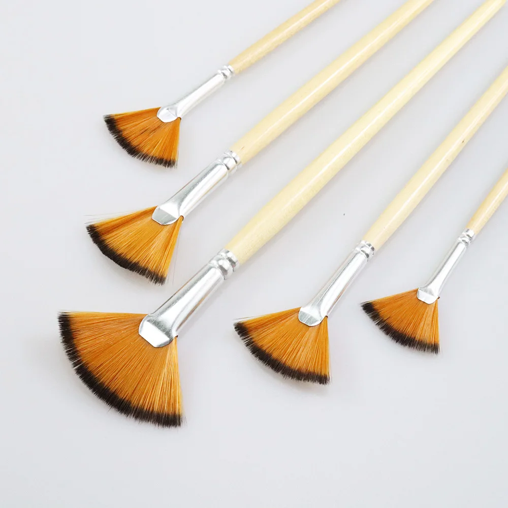 

5PCS Factory Straight Nylon Wood Pole Watercolor Artist Oil brush Set Fan brush