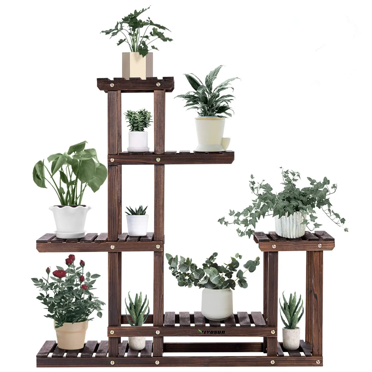 

Wood Plant Stand High Low Shelves Flower Rack Display for Indoor Outdoor Garden, Brown