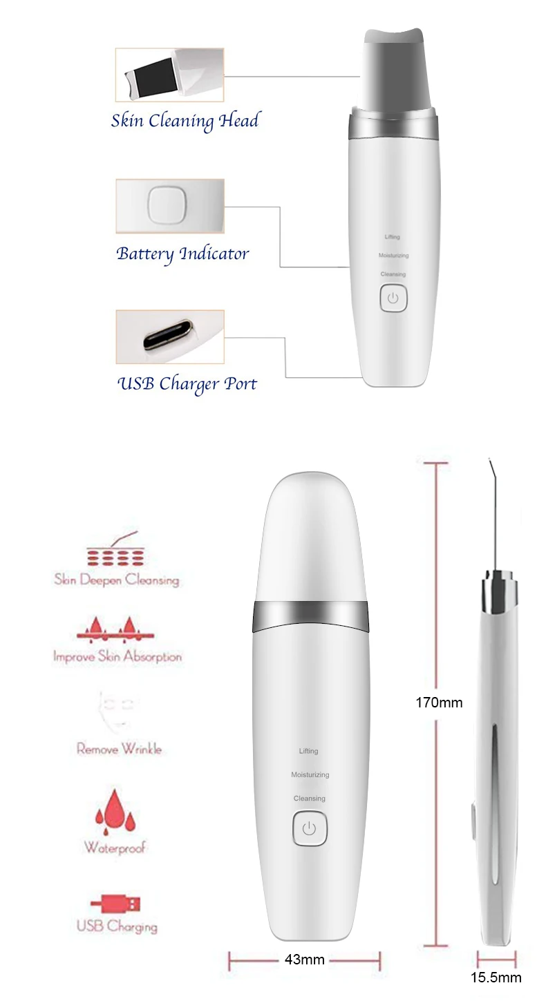 Pore Cleaner 3 Modes Facial Massage Lifting Peeling Tool USB Rechargeable ultrasonic skin scrubber