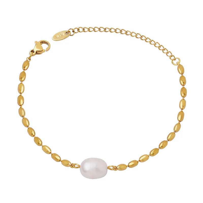 

Retro 18k Gold Plated Stainless Steel Jewelry Bead Chain Baroque Freshwater Pearl Pendant Bracelet