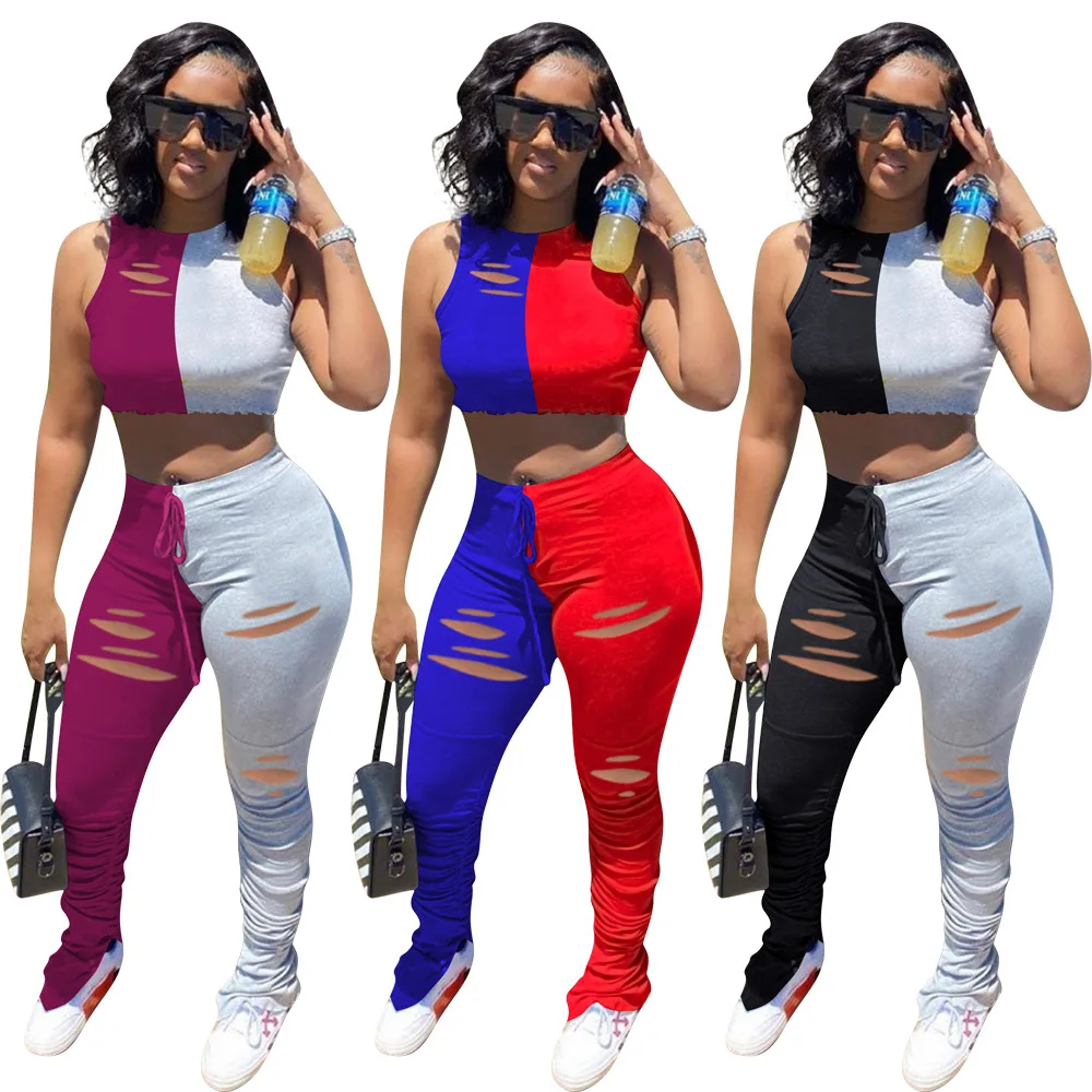 

Patchwork Ripped Women Two Piece Set Crop Top and Slit Stacked Flare Pants Tracksuit