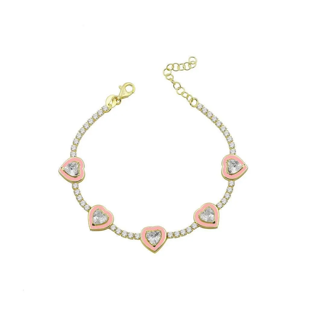 

gold plated thin cz tennis chain pink enamel heart charm women bracelet, Silver gold pink