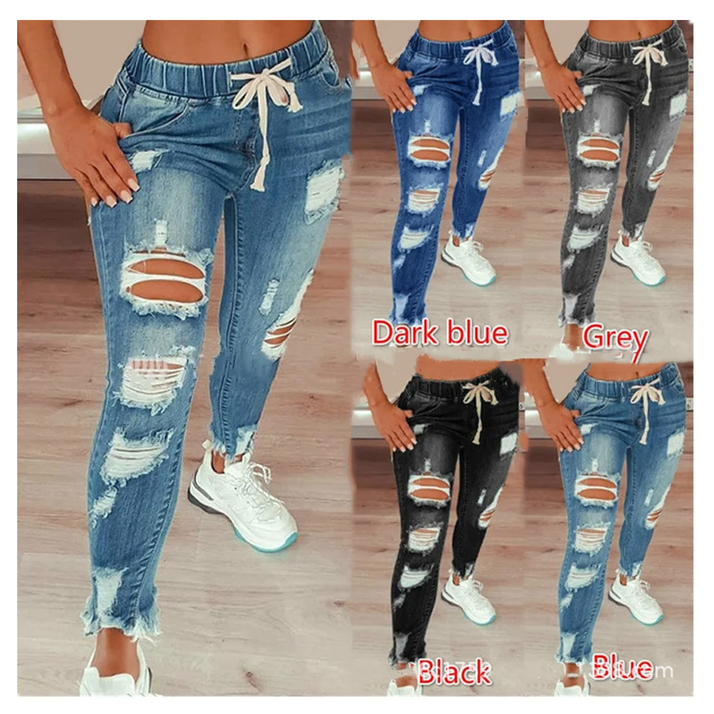 

Women's Frayed Ripped Stretch Mid Waist Brand Jeans Wom Slim Fit Denim Pencil Pants, Customized color