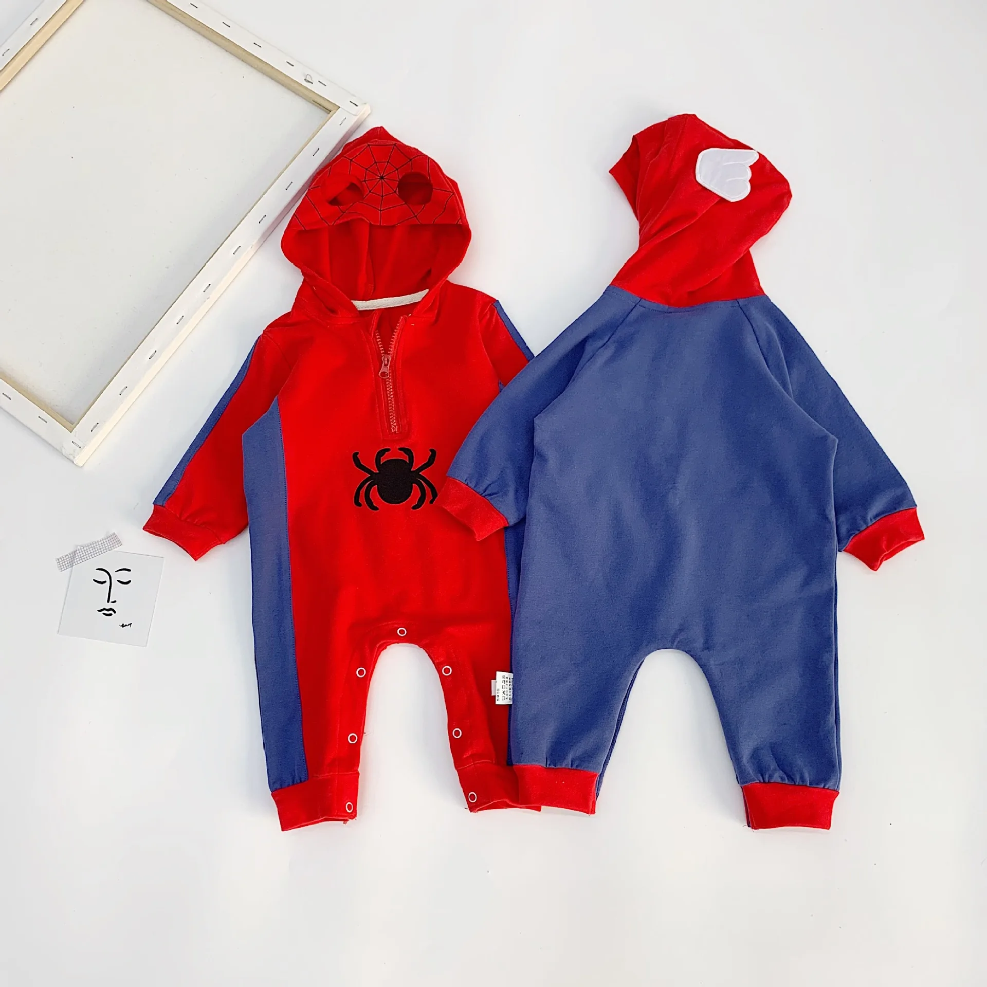 

Fancy Ball Hooded Kids Cosplay Costume Baby Boy Romper Superhero Movie Bodysuit Jumpsuit Children Party Clothes for Halloween, Red/blue
