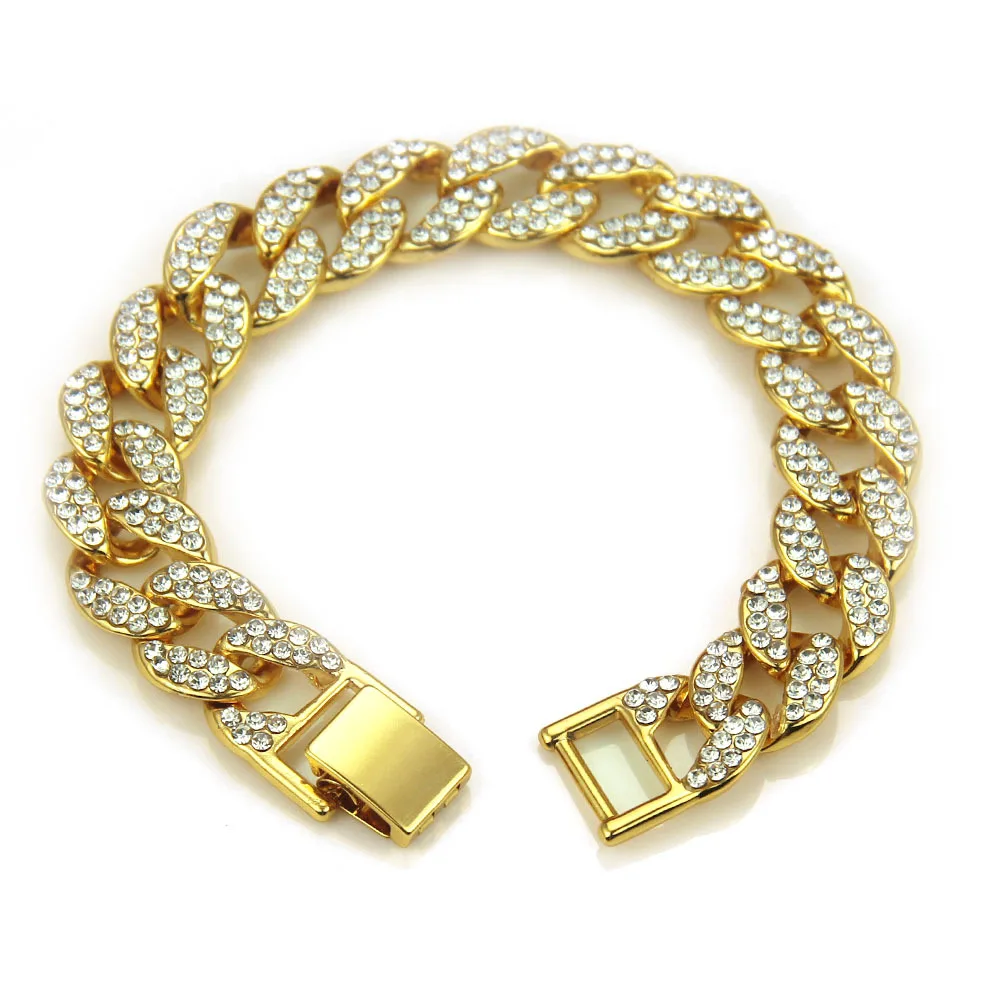 

Yingchao Fashion Hot Sell Popular Punk Rapper Hiphop Crystal Rhinestone Gold Cuban Bracelet Chain For Men INS, Same as picture