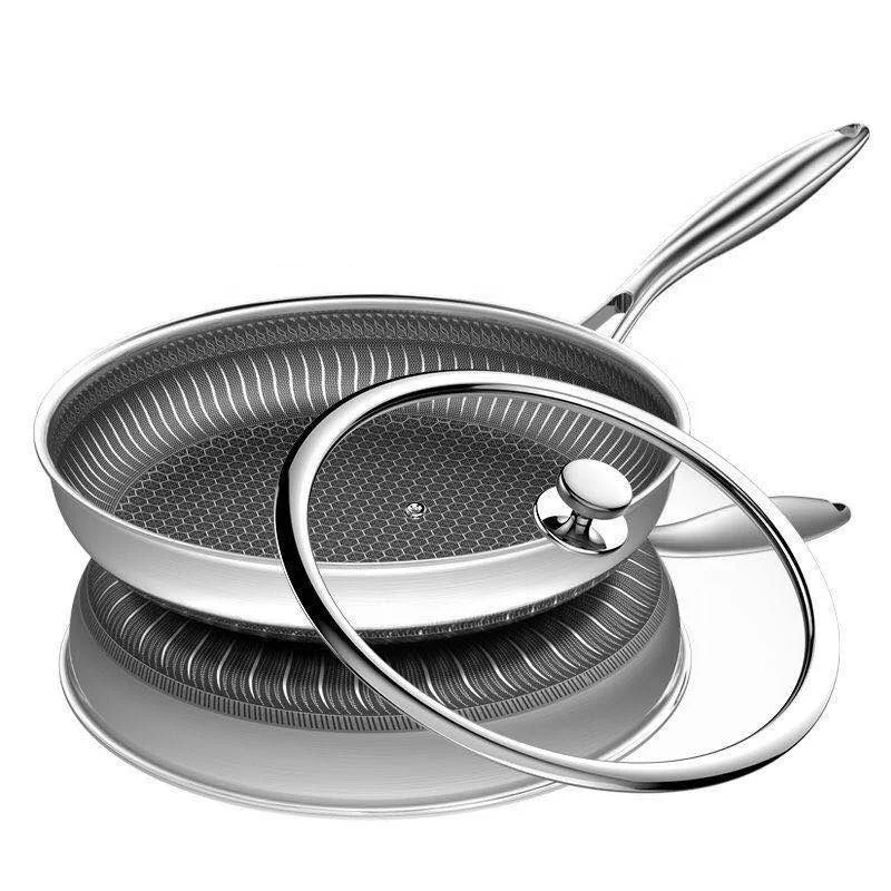 

High quality Cookware Stainless steel 316 honeycomb non stick frying pan with handle glass lid for kitchen