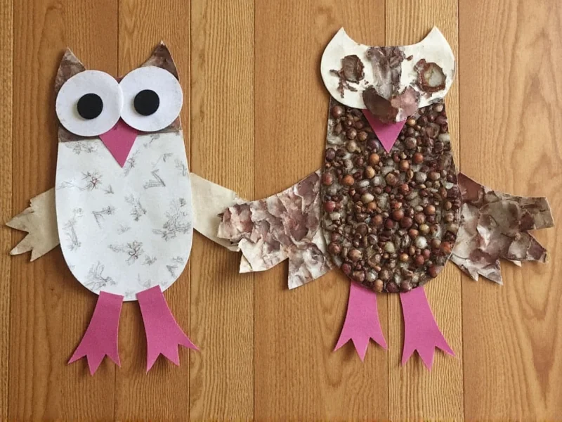 Recycled materials for owl crafts on wooden table