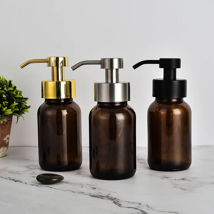 250ml Wide Mouth Amber Glass Foaming Soap Dispenser With Silver 304