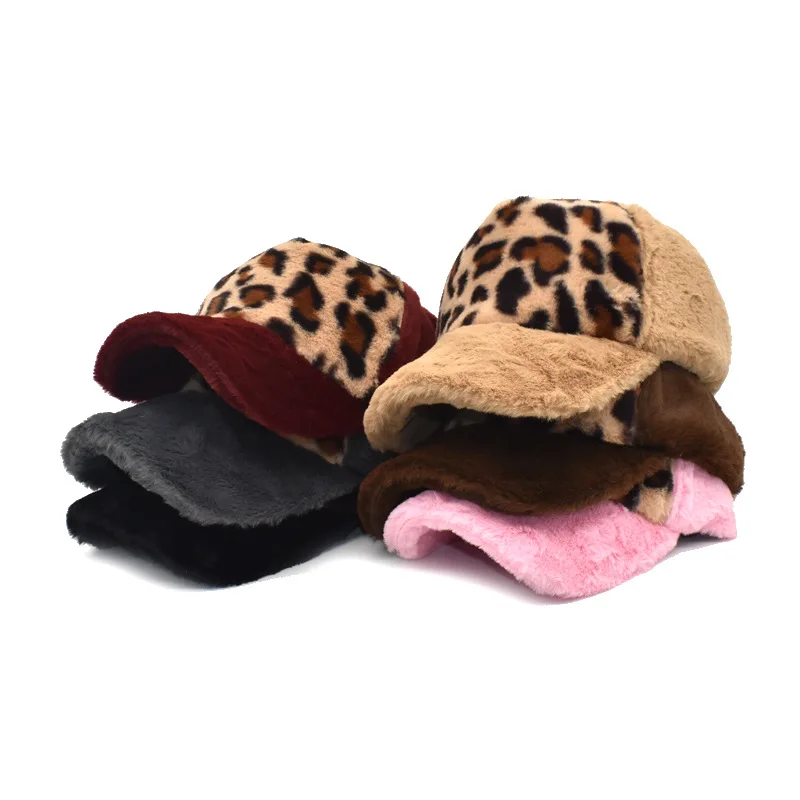 

Wholesale winter plush fedora woman baseball hats leopard pattern warm thickened trucker hat sports hats Snapback cap, Mix colors