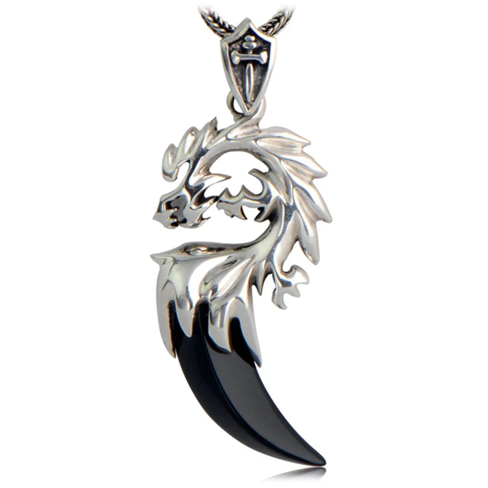

925 Sterling Silver Dragon Pendants For Men Inlaid Black Onyx Natural Stone Tooth Shaped Vintage Style