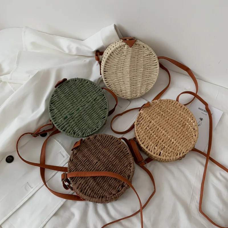 

New style ladies shoulder Straw rattan bag Fashion woven small round Messenger leisure Bohemia Beach bag for women