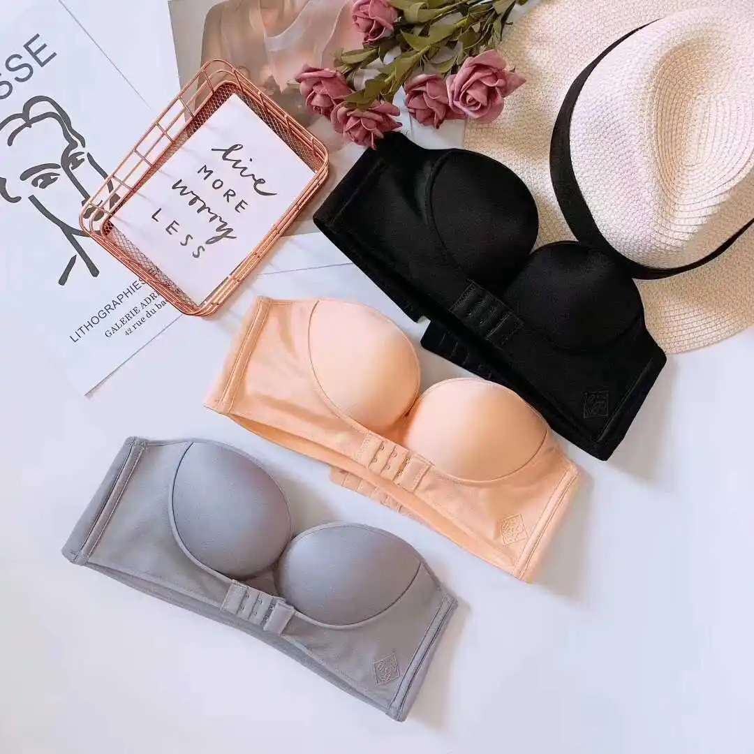 

QQ sugar bra strapless underwear invisible non-slip small breast thickened together with front clasp shoulder bra, 7 colors